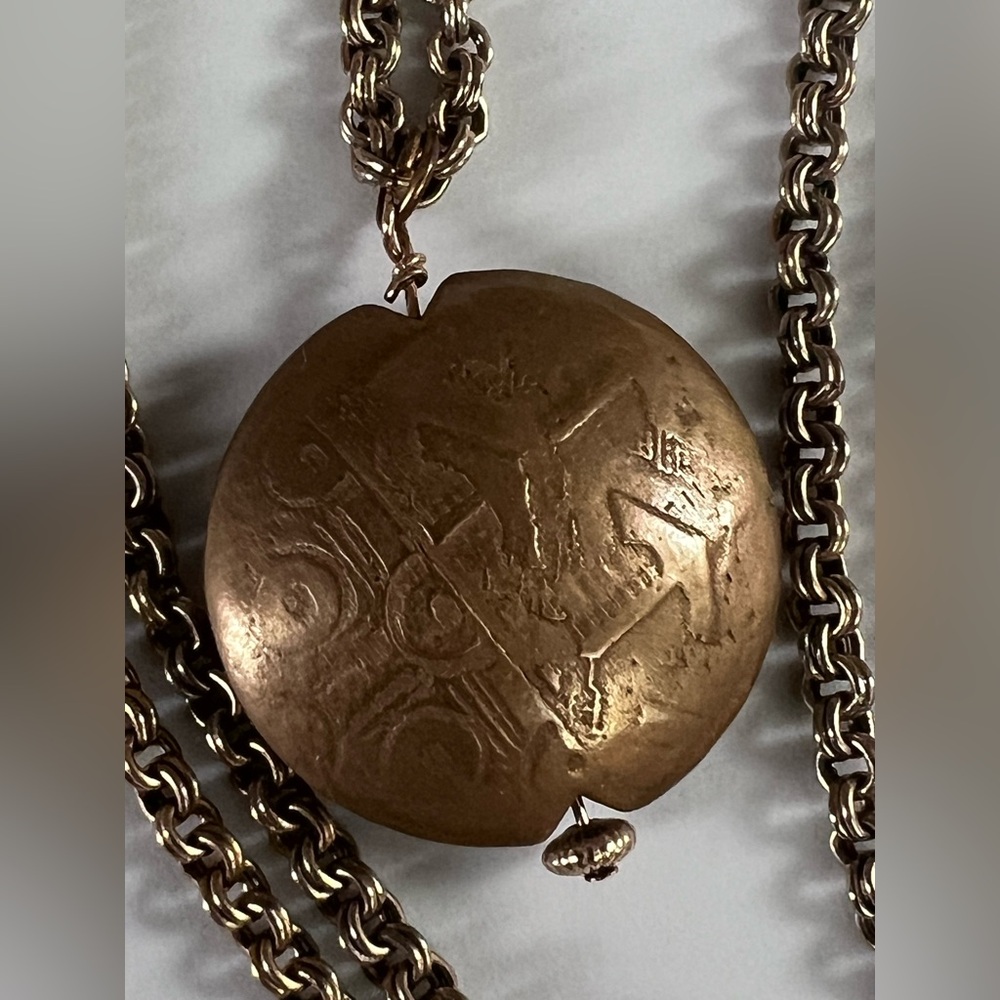 Metal Bead Artist handmade Gold Pendant on vintage chain tribal pattern Necklace